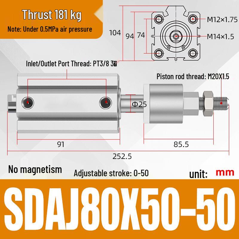 Adjustable Stroke Pneumatic Thin Cylinder - Piston Rod Sizes: 16/20/25/32/40/63