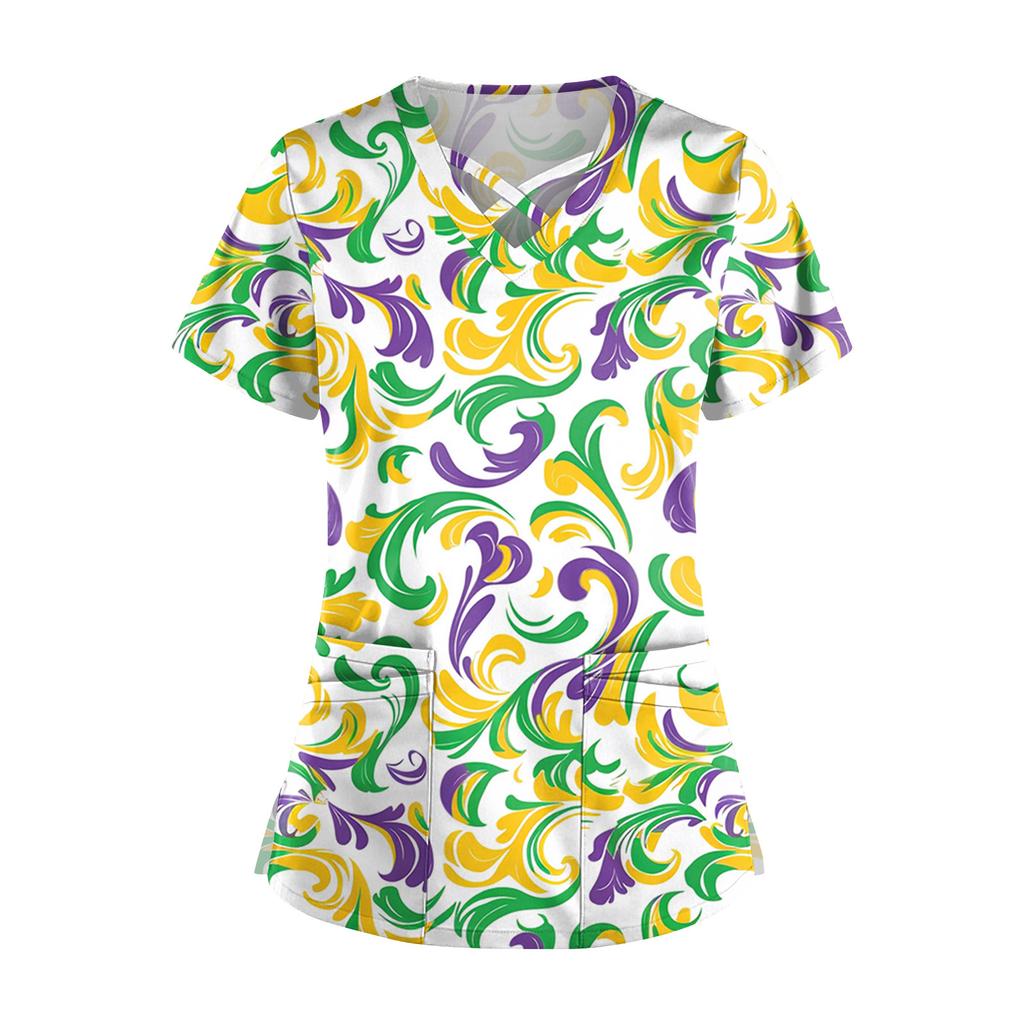 Dam Kortärmad Stagger V-ringad Tryck Ficka Torr-Topp