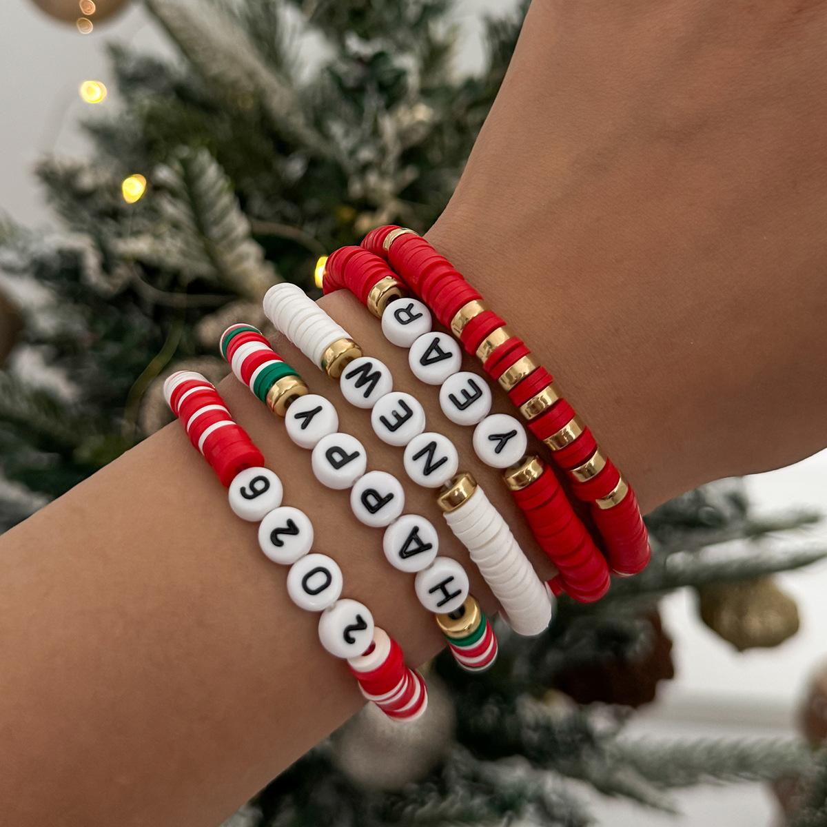 Christmas Contrasting Soft Pottery Letter Elastic Bracelet, Creative Festive Colored Beaded Hand Jewelry