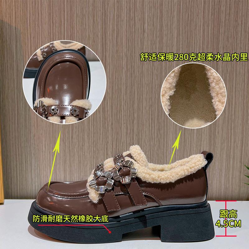 Leather Loafers Women's 2025 Winter New Velvet Single Shoes Women's Mary Jane Round Head Casual Low-top Fashion Women's Shoes