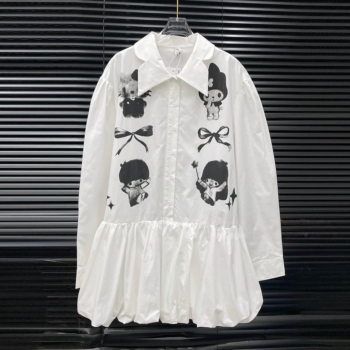 

2026 Spring Cartoon Print Women s Loose Dress: Japanese Design Patchwork Shirt Skirt Large белый
