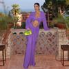Purple Hollow Dress Sexy Exposed Belly Women Pleated Bow Long Sleeved V-Neck Slim Wrap Hip Dress 2025 New Summer Fashion