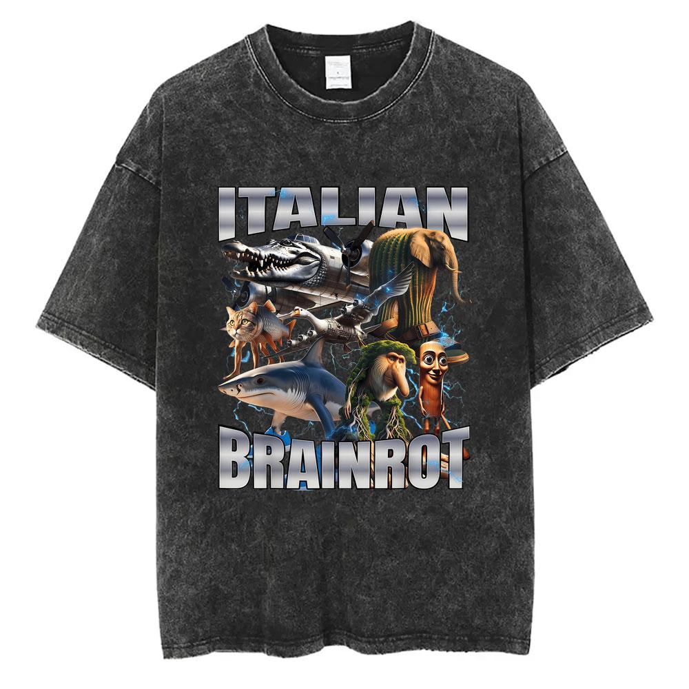 Italian Brainrot Chimpanzini Bananini Vintage Washed T-shirts Banana Monkey Funny Meme T-shirt Casual Geek T Shirts Unisex