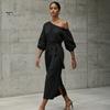 Summer Maxi Dress Women One Shoulder Long Dress, Solid Color Tie Waist Side Split Casual Party Sleeve for Dresses