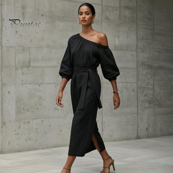 Summer Maxi Dress Women One Shoulder Long Dress, Solid Color Tie Waist Side Split Casual Party Sleeve for Dresses