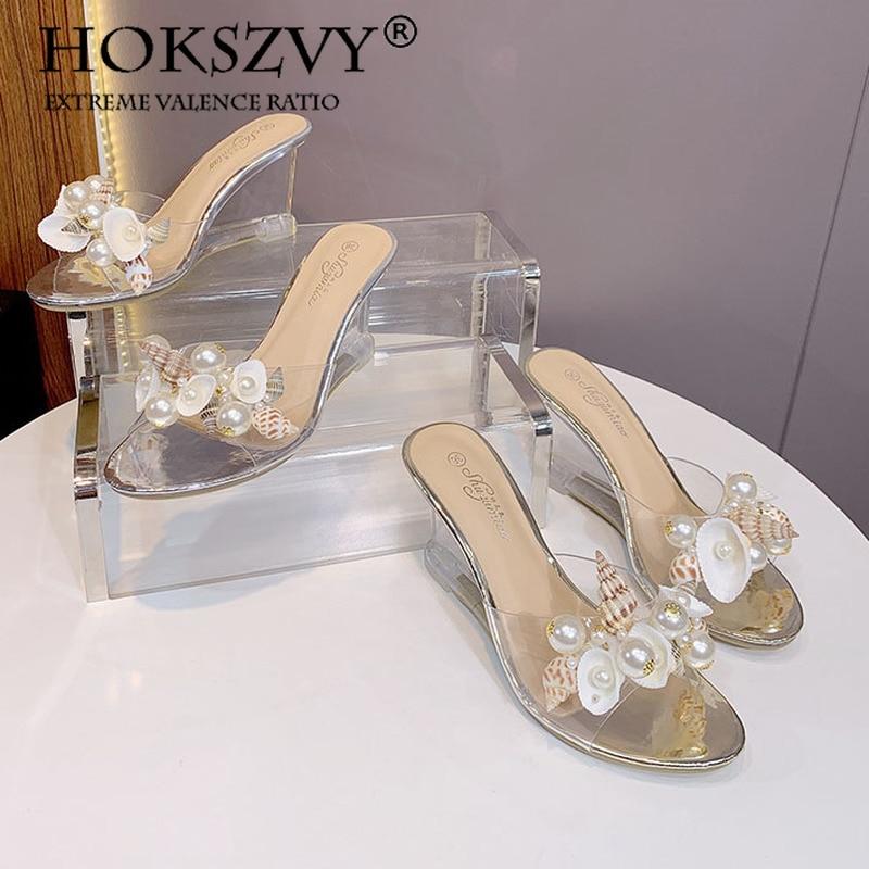1098 Serie 8 cm Absatz Sandalen Kristall Transparent High Heels Strass Keil Flache Damenschuhe LFD