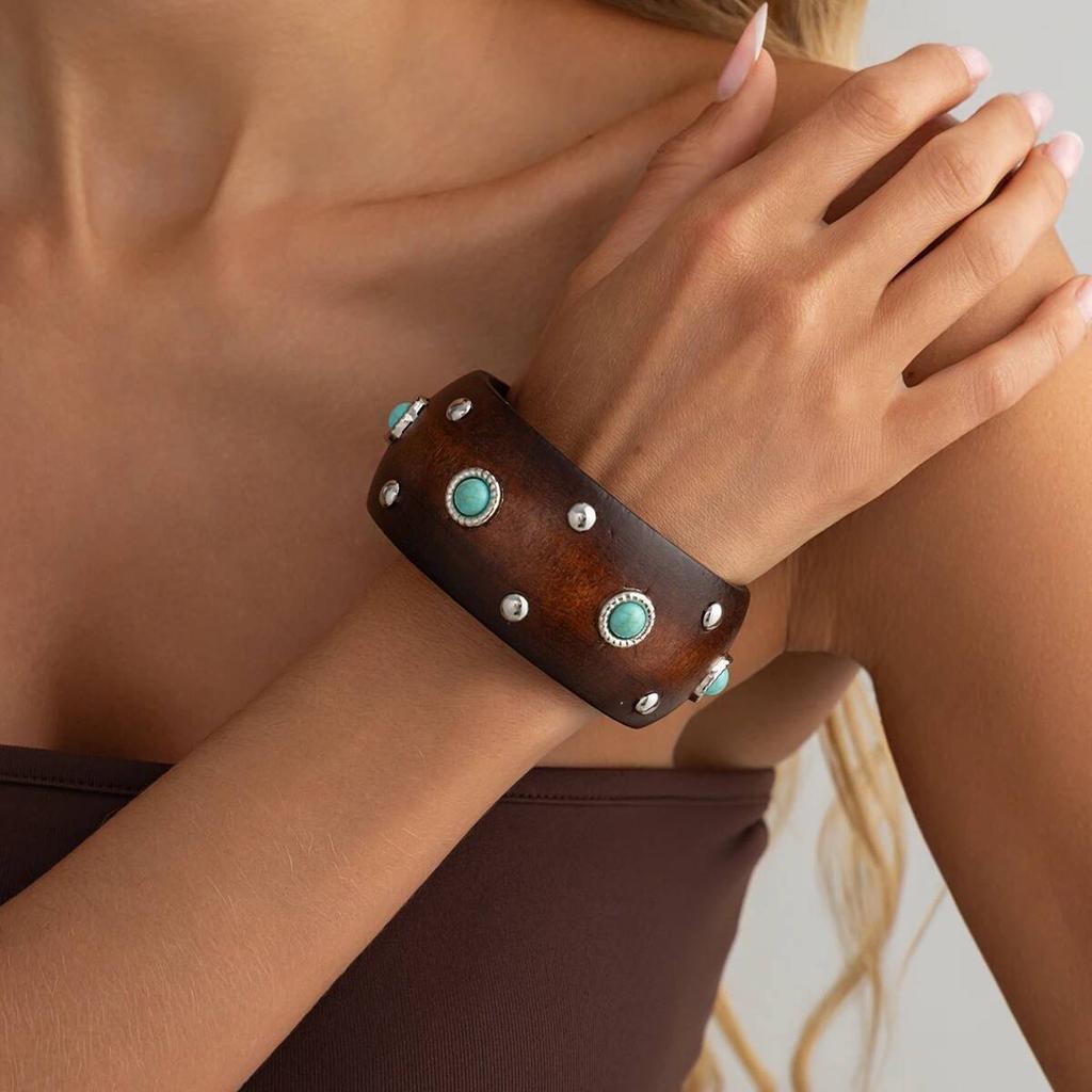 SHIXIN Vintage Irregular Hyperbole Wooden Cuff Bangles Women Punk Round Geometric Wide Inlaid Turquoise Bracelets Chunky Jewelry