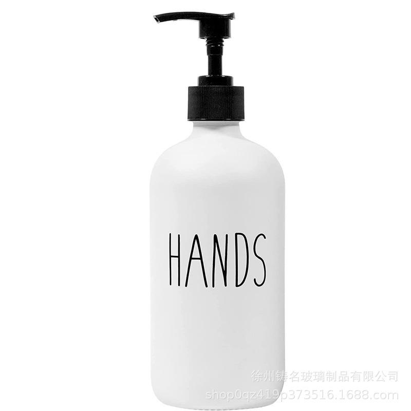 16oz Shower Gel and Hand Soap Refillable Glass Bottle with Black/White Boston Design and Bamboo Pump Head