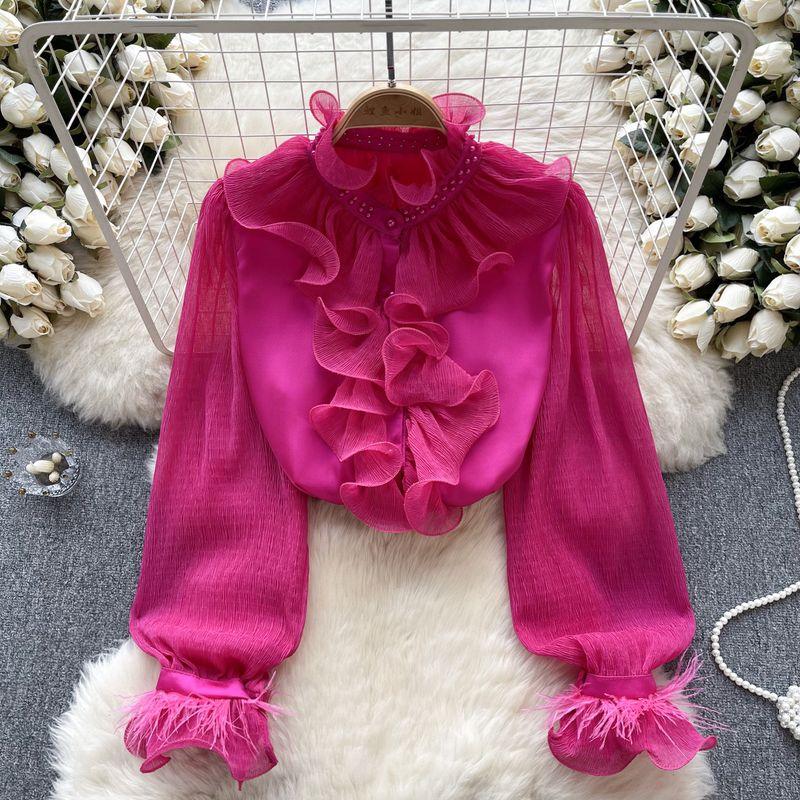 

Early Spring Pleated Ruffles Silm Tops Chiffon Shirt Rose Red One size