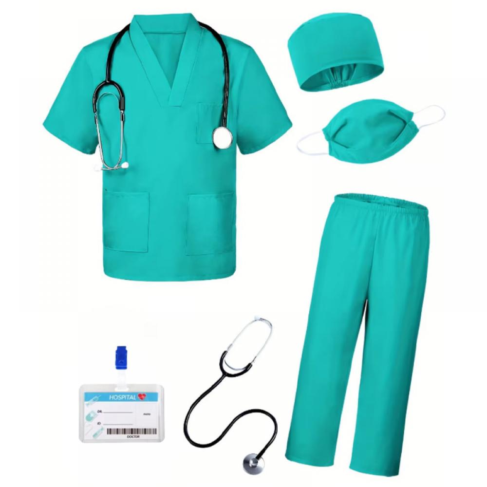 6pcs Doctor Cosplay Costume Nurse Uniform Surgical Short Sleeve Top Pant Hat Mask Stethoscope Mardi Gras Halloween Role Play Set