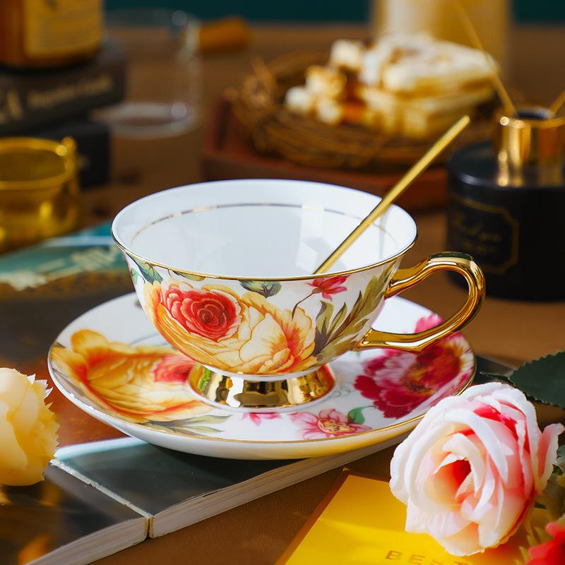 Euro Style Bone China Afternoon Tea Saucer Set Ceramic Rose Flower Tea Coffee Cup for Home Kitchen Wedding
