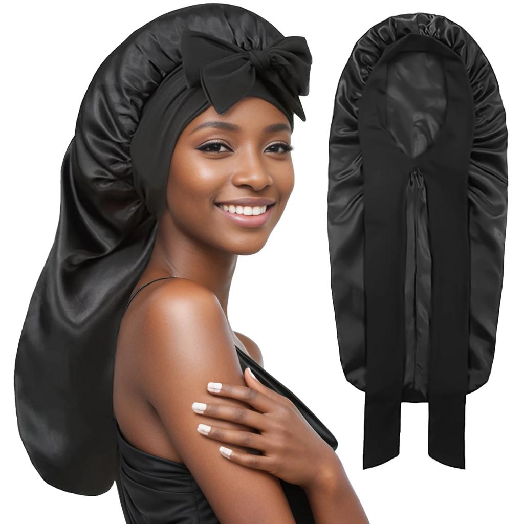 Women's Extra Long Satin Sleep Bonnet, Silk Smooth Elastic Hair Cap for Long Hair, Comfortable Night Sleeping Hat for Braids Loc