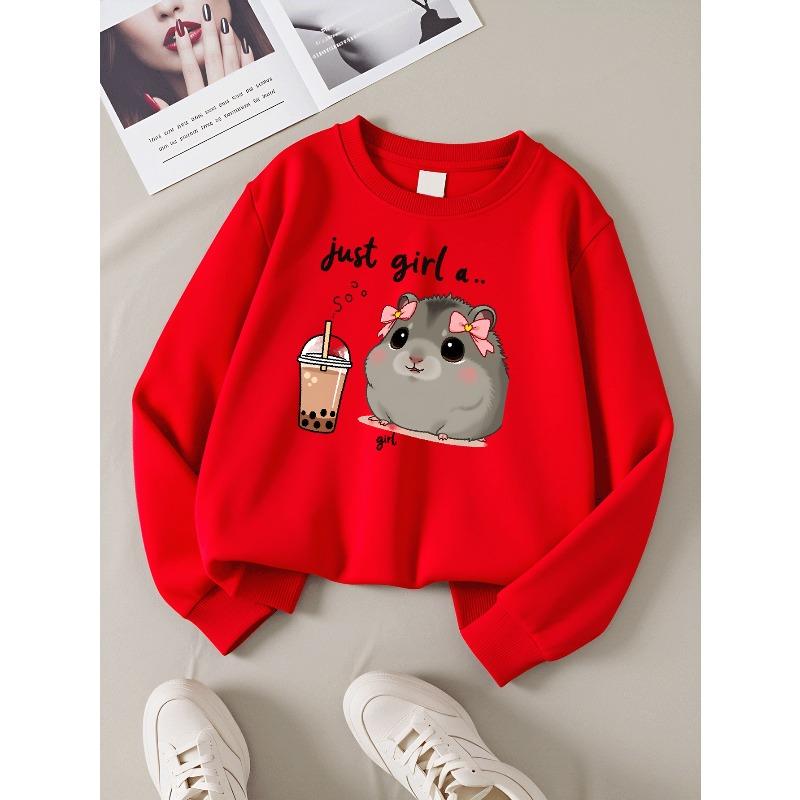 Girls' Long-Sleeve Casual Crewneck Sweatshirt | Just Girl A Hamster With Tea, Perfect For Outdoor Sports And Everyday