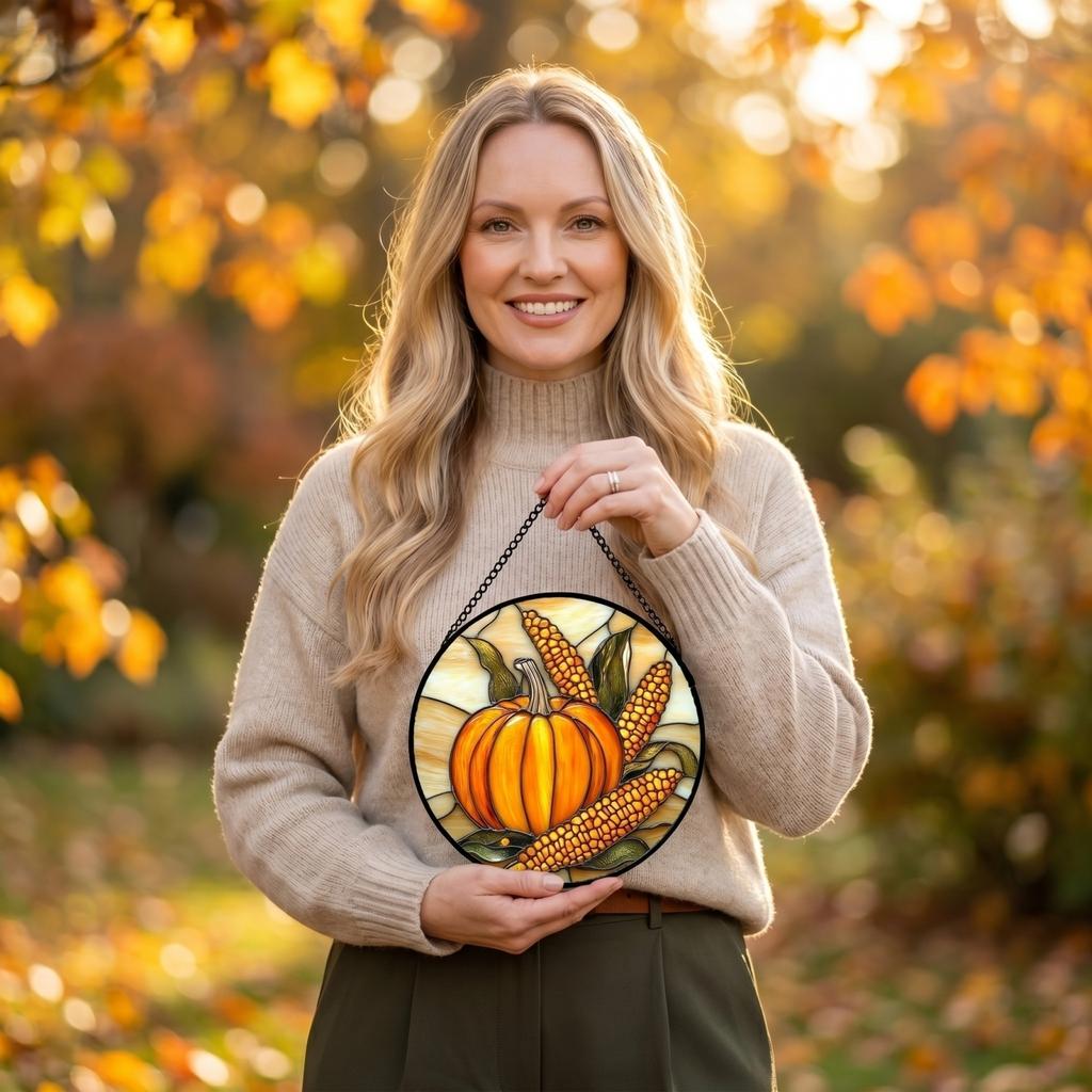 Round Stained Glass Hanging Ornament with Pumpkin and Corn Design for Window Decoration Indoor Outdoor Use