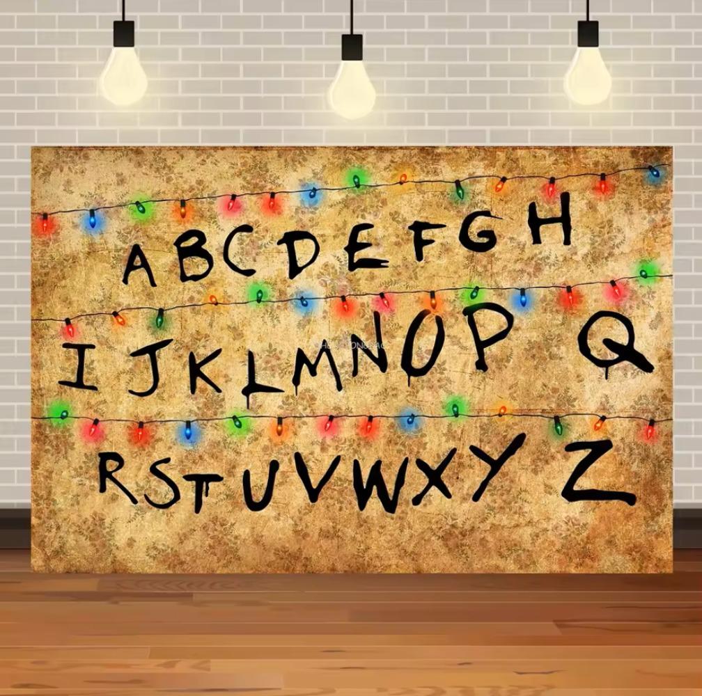 Alphabet Lichterkette Foto Hintergrund Amerikanisches TV Stranger Thema Kulisse Geburtstagsparty Dekoration Banner Foto Requisiten 59×39inch/150*100cm brown