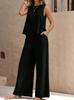 Versatile Two-Piece Set: Round Neck Sleeveless Top & Wide-Leg Pants - Casual Solid Color Ensemble