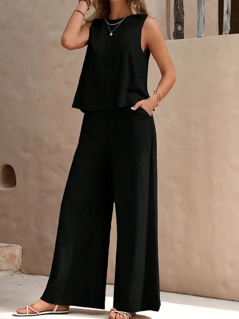 Versatile Two-Piece Set: Round Neck Sleeveless Top & Wide-Leg Pants - Casual Solid Color Ensemble