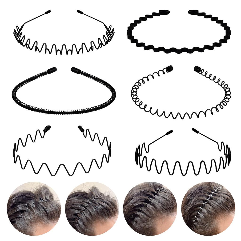 6 Stück Edelstahl Langlebig Hohe Qualität Haarbänder Feder Wellenförmiger Reifen Unisex Schwarzes Stirnband Zurückgekämmt Anti-Rutsch Sport-Kopfband