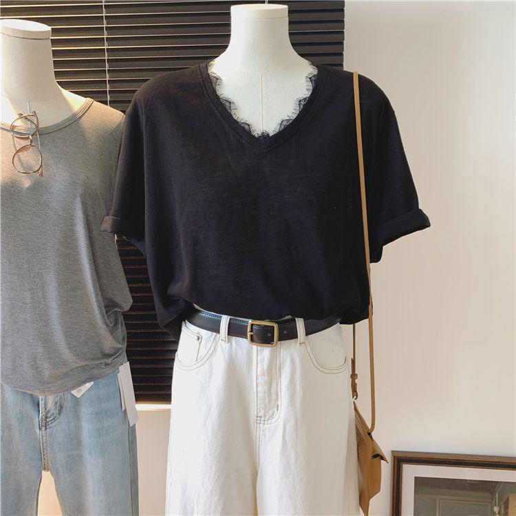 Women's Korean Style Snowflake Cotton V-Neck Lace Patchwork Short-Sleeve Loose Summer Tee