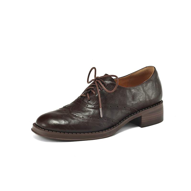 Krazing Pot Овчина Круглый носок Толстый каблук Осенние шнуровки Блок Туфли женские Ретро Мода Туфли 34 коричневый 7298₽