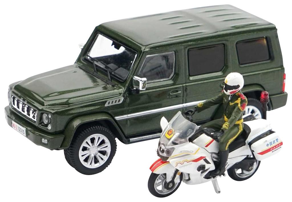 XCARTOYS Scale BAIC BJ180 Chinese Armed Police Complete Model 1/64 (Beijing Automotive) (Green) People's Motorcycle/Guard Set, T8-08
