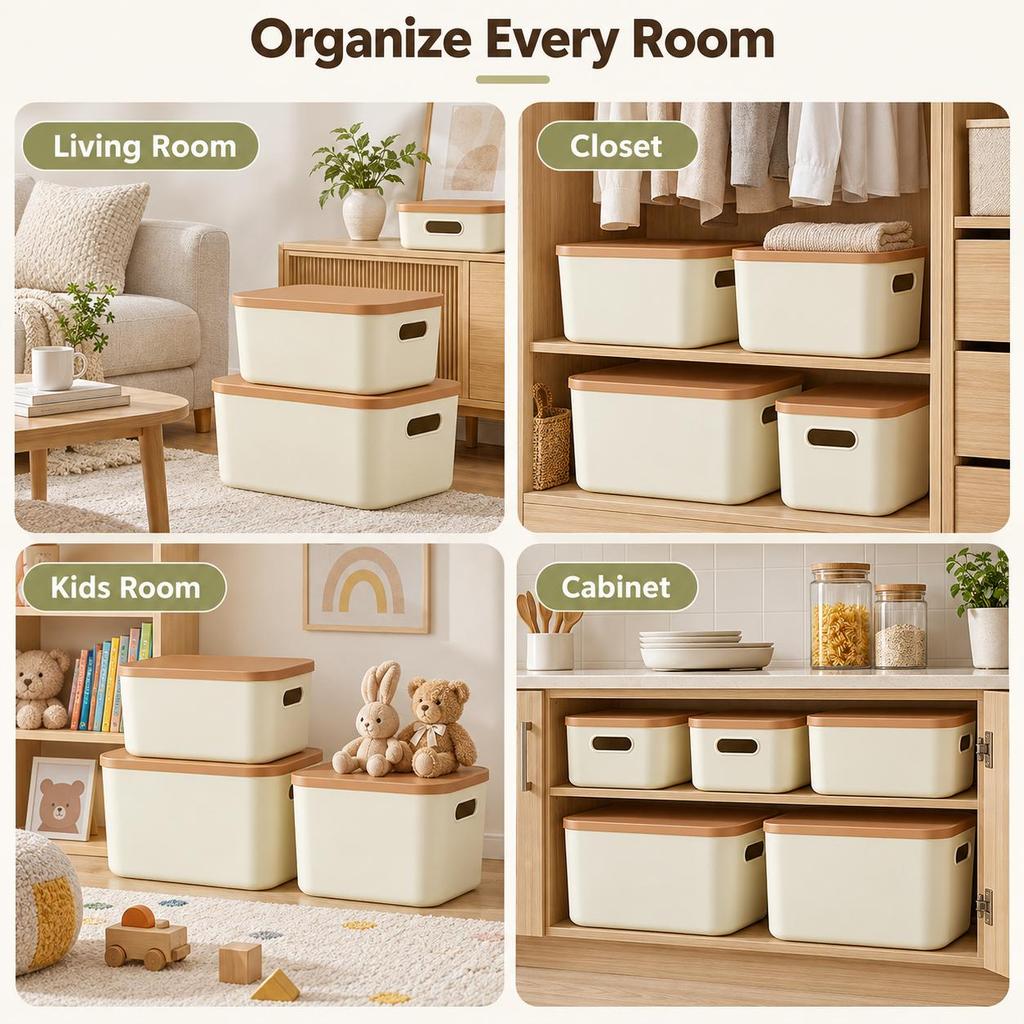 Cream Storage Box with Lid, Stackable PP Organizer Bin with Handles for Closet, Shelf, Kids Room and Home Storage