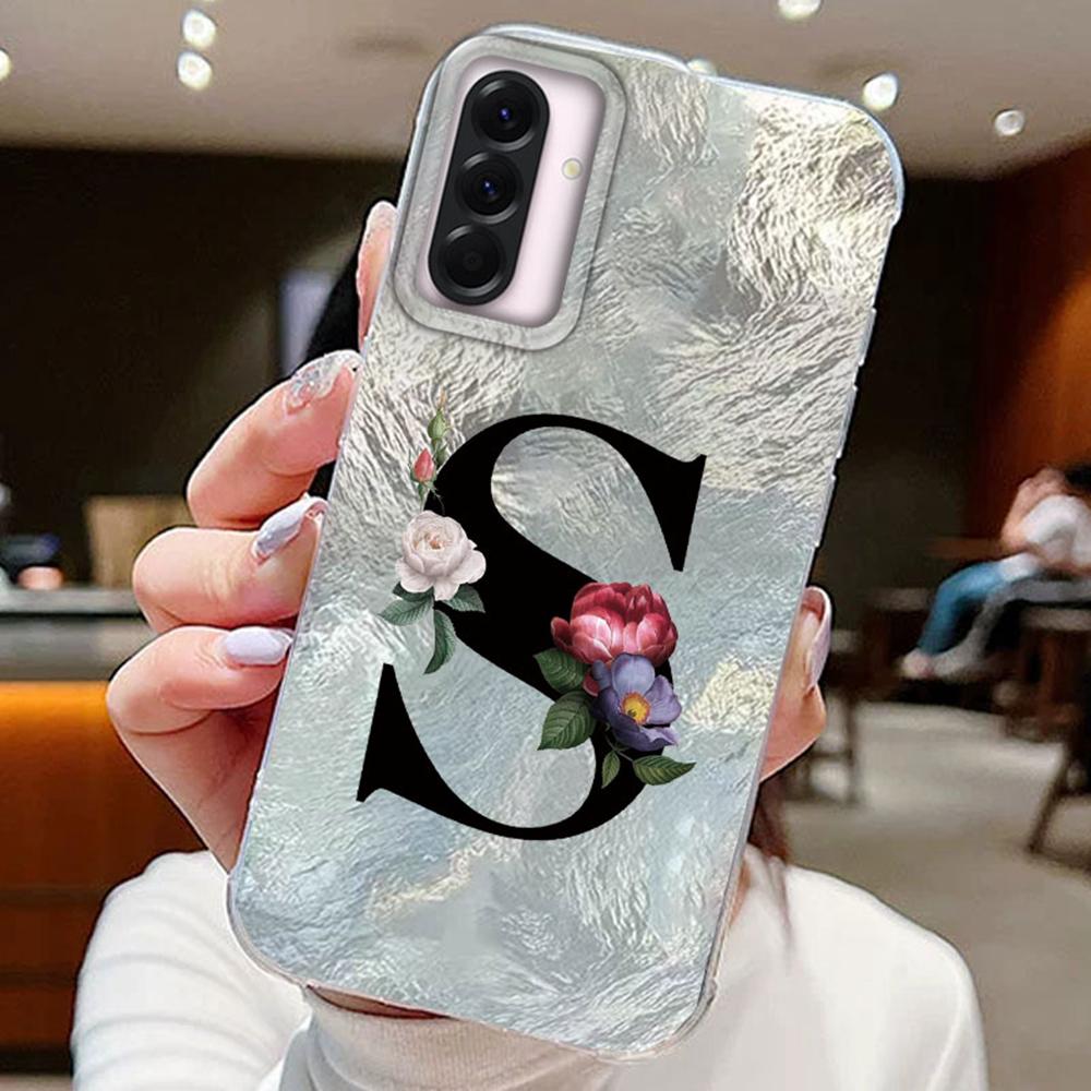 Black A-Z Letter Flower Laser Gradient For Samsung Galaxy A16 A36 A56 Phone Cases Cover Silicone Clear Soft Protect Back Bumper Hard PC Back Cover
