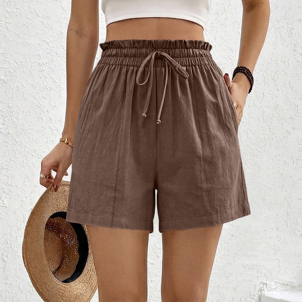 High Waist Drawstring Shorts for Women Loose Fit Elastic Waistband Summer Casual Lightweight Linen Shorts with Pockets