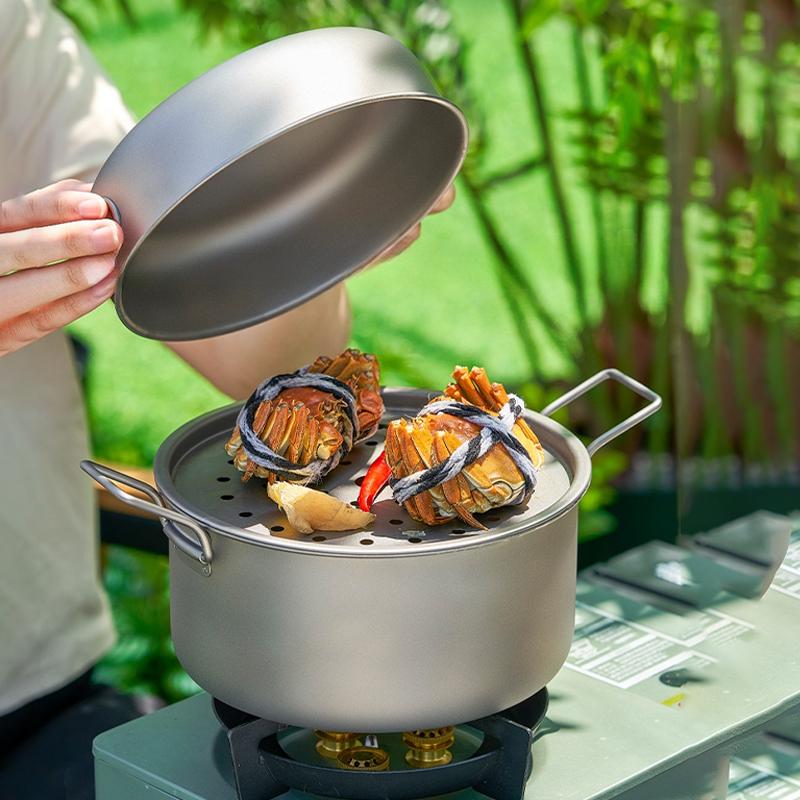 Garnek z czystego tytanu, Składany lekki garnek na wędrówki, Zestaw naczyń kempingowych, Przenośny zestaw garnka do zup i patelni na pikniki