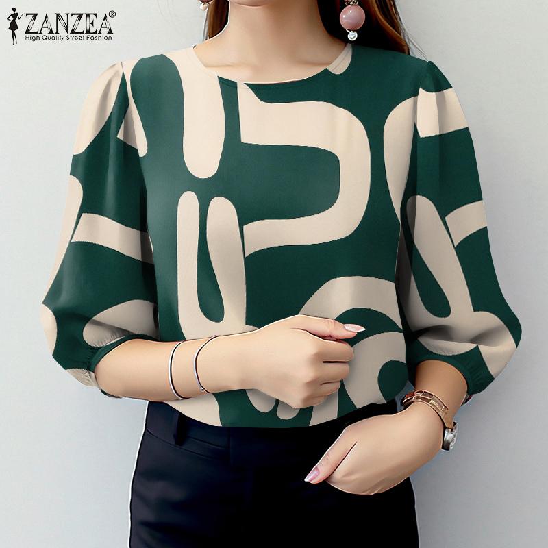 ZANZEA Women Casual O-neck 3/4 Sleeve Loose Print Blouse