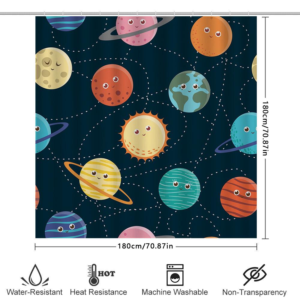 Space Planet Sun Moon Shower Curtain Cartoon Print Waterproof Fabric Bathroom Decorations Dark Blue Color Home Decoration Gift