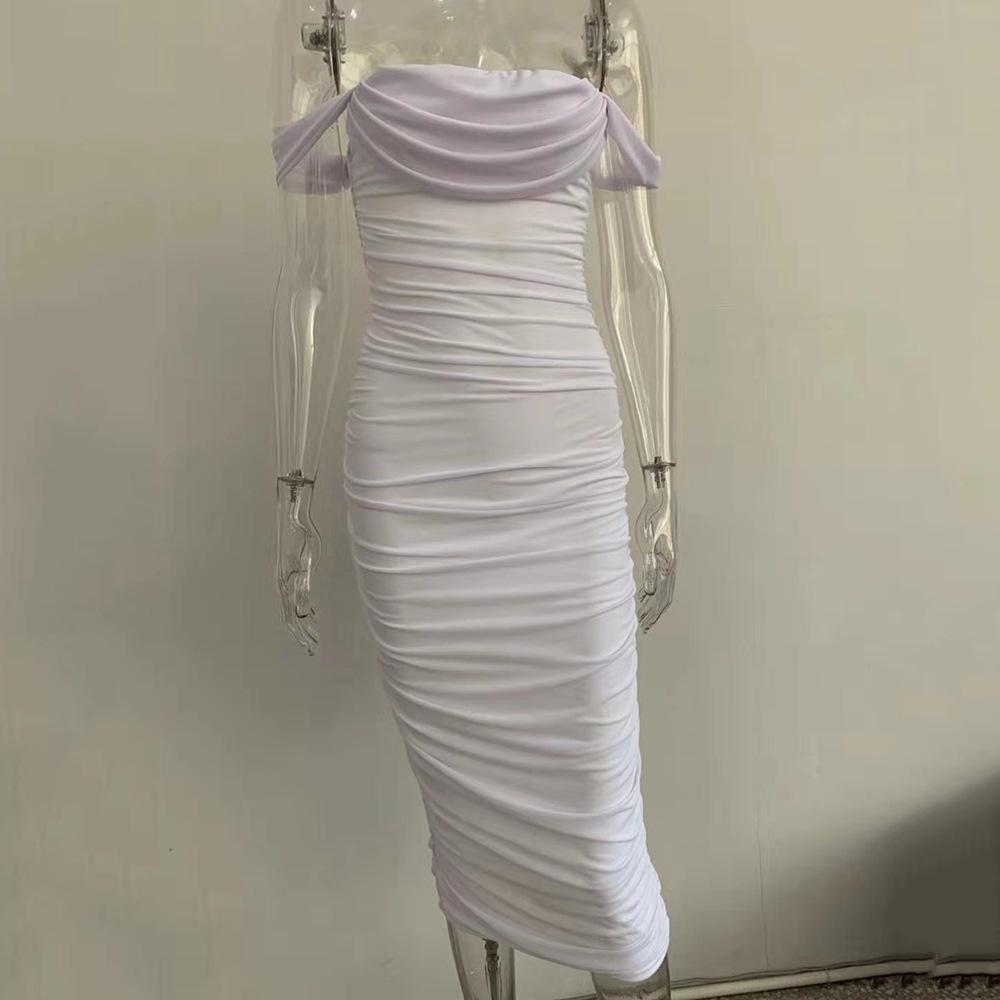 Off Shoulder Mesh Dress Ruched Shirred Bodycon Midi Gown Sheer Off-the-Shoulder Sleeveless Celebrity Style Spring Summer Evening Party Sexy Dress S