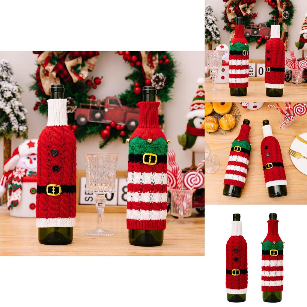 Cozy Knit Red Wine Bottle Sleeve With Striped Elf Design For Christmas Celebration