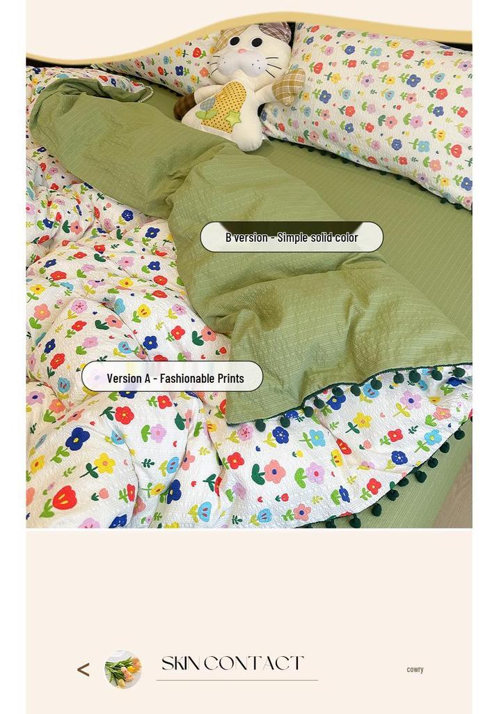 High-Value Cute Pom-Pom Bed Cover Set - Double-Layer Gauze Duvet & Sheets for Single Dormitory, 3-Piece Set