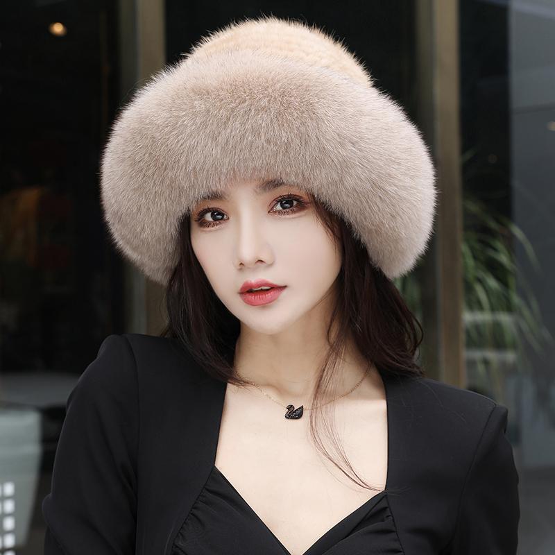 New Women Winter Luxury Knitted Real Mink Fur Bomber Hat Natural Warm Fox Fur Cap Girls Quality Soft 100% Genuine Mink Fur Hats