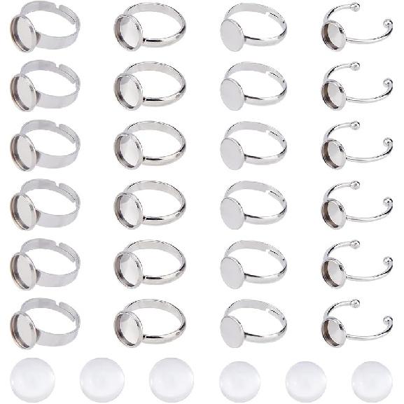 Hobbspring 32 Stück 4 Stile Verstellbare Leere Ringe Edelstahl Fingerring Fassungen Cabochon Ringe Herstellungs-Kit 8/10mm Ring Basis Pad mit Glas