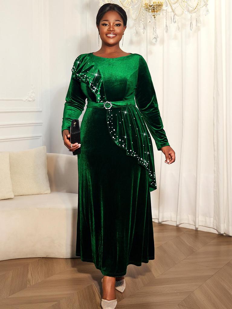 Elegant Plus Size Velvet Beaded Evening Gown with Waist-Cinching Ruffles