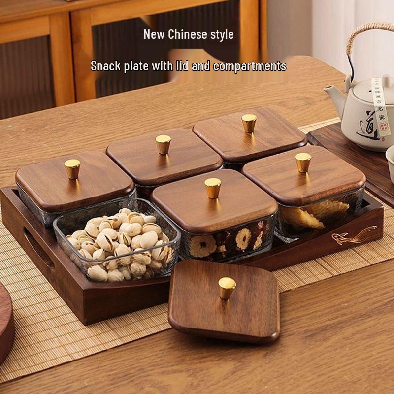 Luxury Glass Walnut Fruit & Snack Plate with Candy Compartments for Living Room Coffee Table