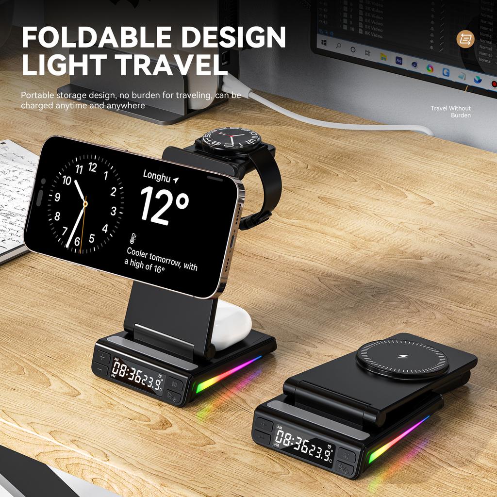 Accesorios Innovadores Para Celulares RGB Light Foldable With Clock Temperature Display 5 In1 Wireless Charger for Iphone 16 Pro