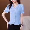 V-neck Bubble Sleeve Chiffon Shirt for Women's Summer Design Wood Ear Versatile Short Sleeved Shirt