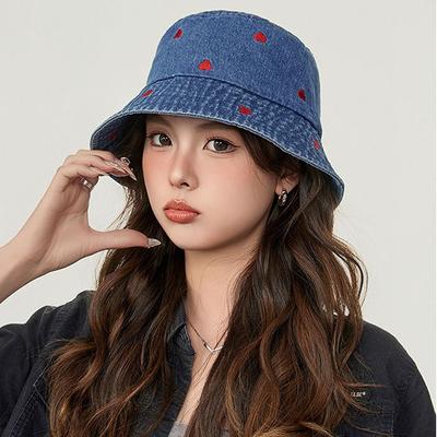Love Heart Embroidery Denim Fisherman Hat Versatile Sun Protection Hat Fashion Bucket Hat  Women