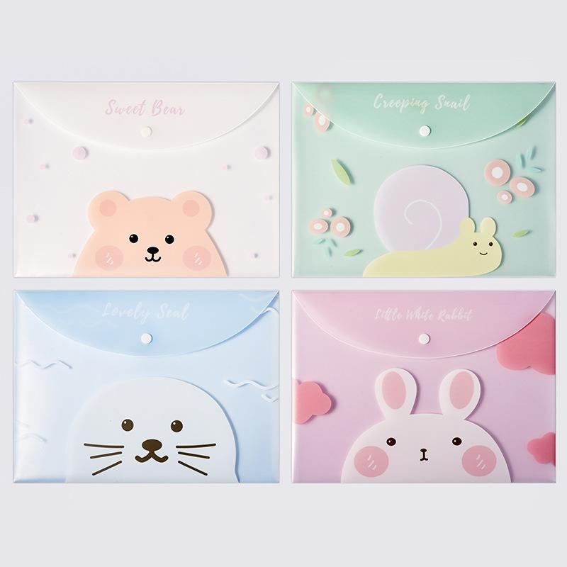 4pcs File Bags for Document Cute Cartoon File Holder Snap Button PVC Folder Pen Box Office Information Bag Student Stationery
