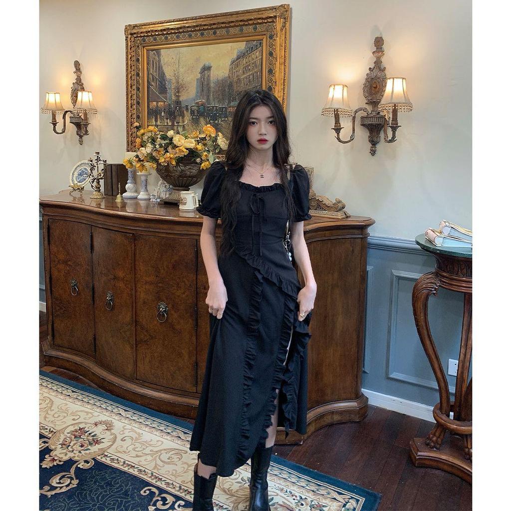 Summer 2024 French Lace Square Collar Slim Fit Slit Dress