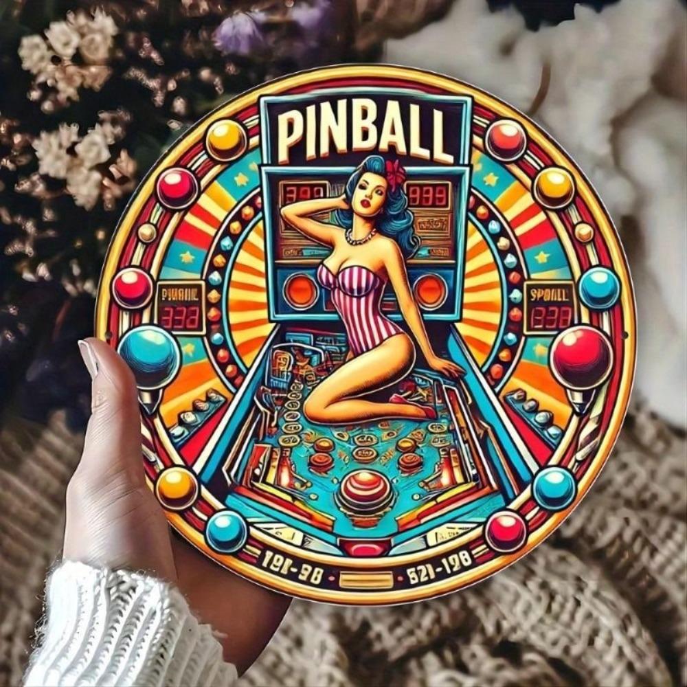 Retro Round Metal Pinball Sign 20cm Bar Cafe Decor