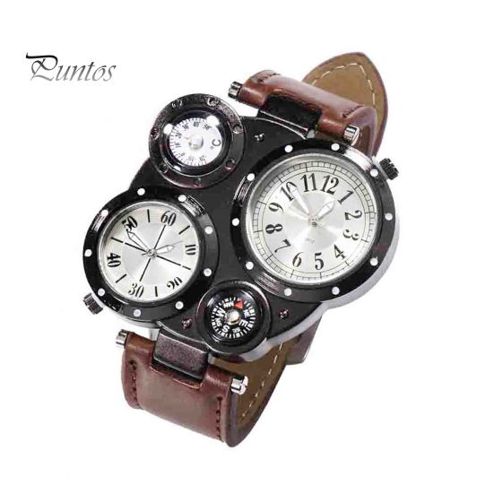 Men Chic Dual Movement Quartz Waterproof Outdoor Thermometer Compass Wrist Watch