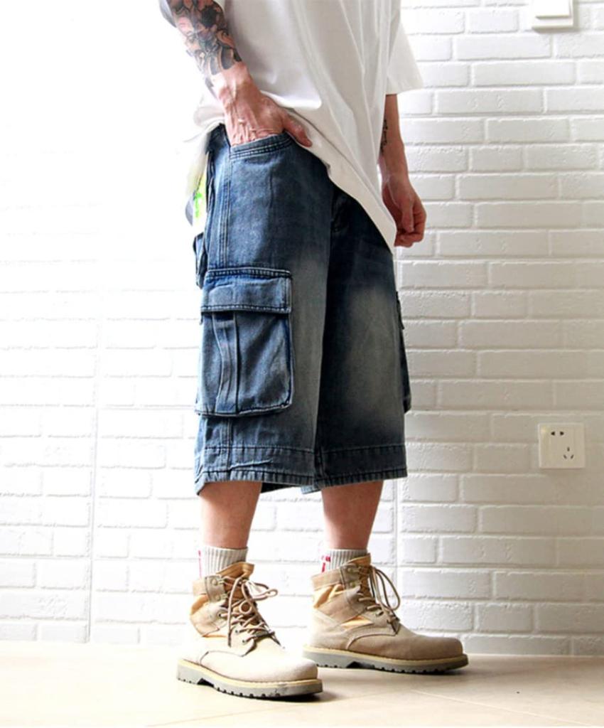 Oversized Length Cargo Wide Medium Loose Baggy Length Extra Wide Work Hip Hop Plus C22629A Number Men's 3/4 Jeans/Denim Shorts, Leg, Pants, Fit,