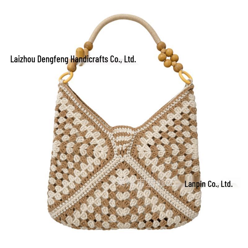

2026 Large Capacity Hollow Design Woven Straw Handbag - Summer Single Shoulder Beach Bag Ivory Wood Bead with Lining and Paper Rope