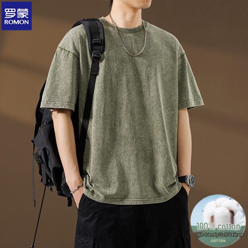 ROMON Men s Washed Vintage Cotton Short Sleeve T-Shirt L