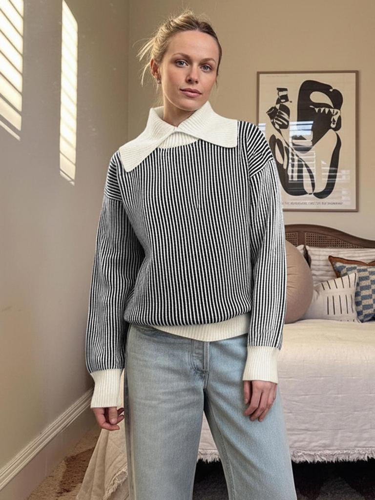 YiYi Women's Casual Color Block Striped High Neck Sweater