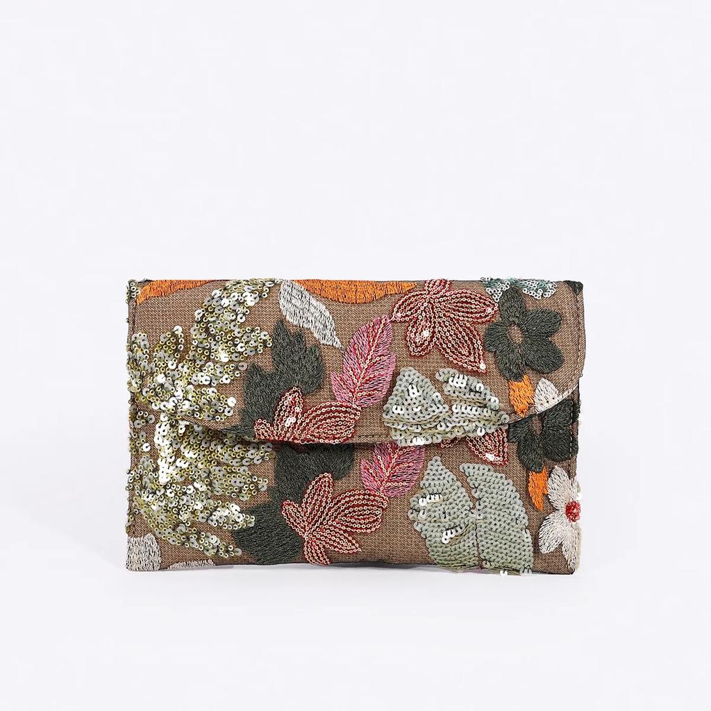 Ladies' Cotton and Linen Envelope Bag Sequin Embroidery & Floral Pattern Dual-Use as Evening Party Handbag & Daily Casual Wallet